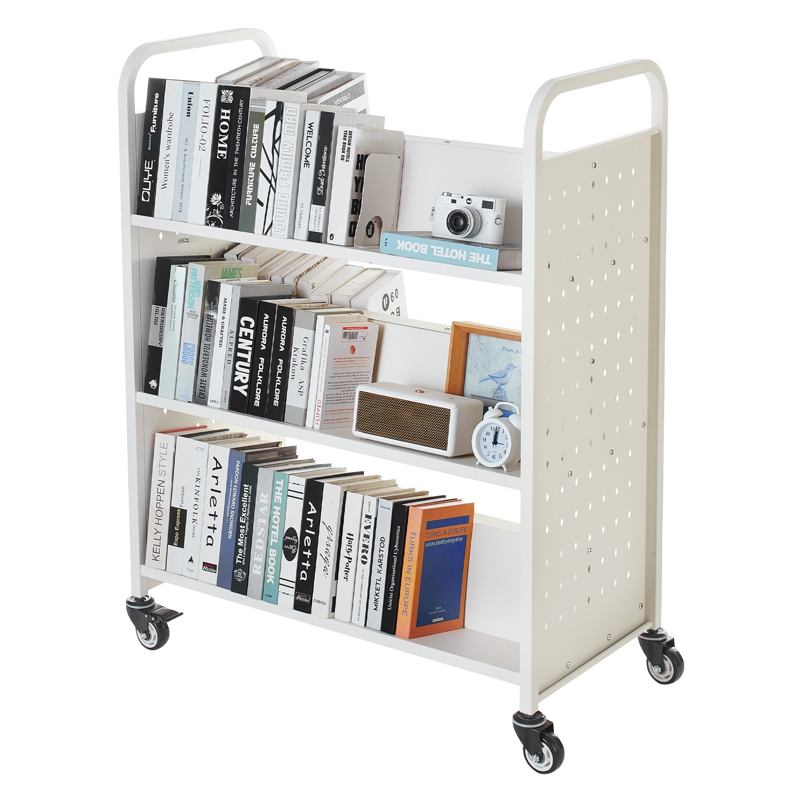 3-tier Rolling Book Cart Double Sided W-shaped Shelving Unit White_voghion.com